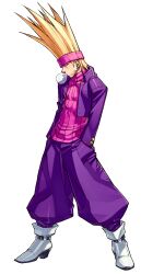 Rule 34 | 1boy, absurdres, baggy pants, blonde hair, blowing bubble gum, chewing gum, earrings, edaki shin&#039;ya, game cg, hands in pockets, headband, highres, jacket, jewelry, justice gakuen, long hair, looking to the side, male focus, moero! justice gakuen, non-web source, official art, open clothes, open jacket, pants, pink headband, purple jacket, purple pants, simple background, solo, spiked hair, standing, white background, yamada eiji