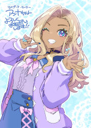 Rule 34 | 1girl, anna (live a hero), blue eyeliner, blue nails, blue skirt, brown hair, earrings, eyelashes, eyeliner, gyaru, highres, jacket, jewelry, live a hero, long hair, looking at viewer, makeup, one eye closed, pink ribbon, purasu no konbu, purple jacket, ribbon, skirt, solo, tan, translation request