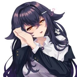absurdres artist_name azuma_(azur_lane) azuma_(career_counseling_for_the_groom)_(azur_lane) azur_lane black_hair black_jacket collared_shirt crossed_bangs flower hair_flower hair_ornament heart highres jacket kasaiartz looking_at_viewer official_alternate_costume open_mouth orange_eyes shirt simple_background smile upper_body white_background white_flower white_shirt