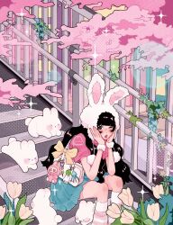 1girl animal animal_ears animal_hat artist_logo artist_name black_eyes black_hair blunt_bangs cherry_blossoms cheumi commentary english_commentary flower foliage hands_on_own_face hat highres labubu leg_warmers lips logo long_hair moss original outdoors pink_shirt plant pop_mart rabbit rabbit_ears rabbit_hat railing shirt short_sleeves sitting skirt solo sparkle stairs stuffed_toy trinkets tulip white_flower white_tulip