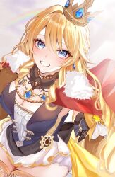 blonde_hair blue_eyes blue_gemstone breasts cape corset crown earrings gears gem genshin_impact h_09ii highres jewelry large_breasts long_hair looking_at_viewer navia_(genshin_impact) necklace rainbow_background red_cape smile sparkling_eyes thighs vision_(genshin_impact)