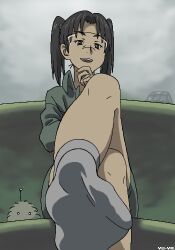 1girl :d amasawa_yuuko artist_name brown_eyes commentary couch crossed_legs dennou_coil foreshortening from_below goggles green_jacket green_skirt grey_background grey_socks hand_on_own_chin jacket long_hair looking_at_viewer looking_down lowres mojo_(dennou_coil) on_couch open_mouth parted_bangs presenting_foot sitting skirt smile socks soles solo teeth twintails upper_teeth_only yuuya_(yu-ya&#039;s)