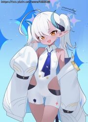 1girl absurdres blue_archive blue_necktie breasts cowboy_shot dark-skinned_female dark_skin fang highres loli momobug22 necktie open_mouth pointy_ears small_breasts smile solo sumomo_(blue_archive) white_hair yellow_eyes