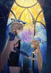 2girls absurdres black_dress blonde_hair blue_eyes breasts cartethyia_(wuthering_waves) closed_mouth commentary cowboy_shot crown_of_thorns dress dual_persona earrings eye_contact from_side hand_grab highres horns imperator_(wuthering_waves) jewelry large_breasts leppib long_hair long_horns looking_at_another looking_down multiple_girls pointy_ears sidelocks single_horn small_breasts stained_glass symbol-only_commentary tabard thighs very_long_hair white_tabard wuthering_waves yellow_horns