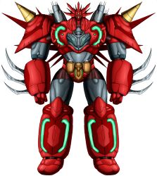 arm_blade armor biomechanical clenched_hands commentary crovirus english_commentary facing_viewer getter_emperor getter_rays getter_robo green_light horns looking_at_viewer mecha mecha_focus multicolored_armor no_humans red_armor redesign robot super_robot weapon yellow_armor yellow_eyes