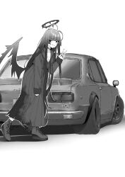 1girl antenna_hair bent_over blood blue_archive blunt_bangs breasts car cleavage feathered_wings greyscale highres jun_project long_hair long_skirt monochrome motor_vehicle nail_polish nervous_smile pleated_skirt sailor_collar shirt sidelocks single_sleeve_past_wrist skirt smile solo sweatdrop tsurugi_(blue_archive) v wings
