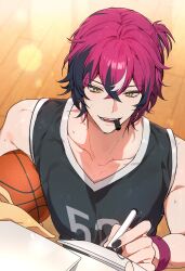 Rule 34 | 1boy, absurdres, armband, ball, bare shoulders, basketball (object), basketball court, basketball jersey, black hair, black shirt, collarbone, commentary, crossed bangs, doppio dropscythe, highres, holding, holding ball, holding pen, light particles, looking ahead, lower eyelashes only, male focus, multicolored hair, nijisanji, open mouth, pen, pen cap in mouth, purple hair, shirt, sleeveless, slit pupils, solo, streaked hair, teeth, upper teeth only, v-neck, virtual youtuber, white hair, yellow eyes, zzangto