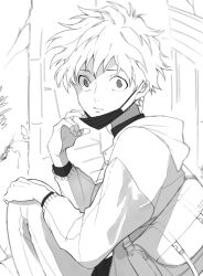 1boy bag boku_no_hero_academia bug building butterfly closed_mouth commentary commentary_request english_commentary fingernails freckles from_side greyscale hand_on_own_knee hood hood_down hooded_jacket insect jacket kiya layered_sleeves light_frown long_sleeves looking_at_viewer male_focus mask mask_pull messy midoriya_izuku mixed-language_commentary monochrome mouth_mask pants school_bag shirt short_hair shoulder_bag simple_background solo squatting surprised turtleneck turtleneck_shirt upper_body white_background wide-eyed
