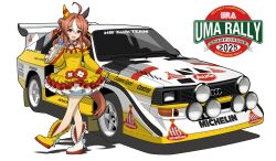 1girl :d absurdres ahoge animal_ears asymmetrical_footwear audi audi_quattro blue_gloves boots breasts brown_hair car castrol copano_rickey_(umamusume) detached_sleeves double_bun dress ear_covers fang gloves hair_between_eyes hair_bun hair_ornament highres horse_ears horse_girl horse_tail index_finger_raised kano_(nakanotakahiro1029) long_hair looking_at_viewer medium_breasts michelin mismatched_ear_covers mismatched_footwear motor_vehicle multicolored_hair open_mouth pink_eyes race_vehicle racecar rally_car simple_background skin_fang smile solo streaked_hair tail tassel tassel_hair_ornament umamusume vehicle_focus white_background white_hair wide_sleeves yellow_dress