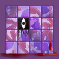Rule 34 | 1girl, closed eyes, closed mouth, collared shirt, colored skin, highres, jump rope, long hair, mari (headspace) (omori), mari (omori), neckerchief, omori, purple hair, purple sweater vest, puzzle, red neckerchief, shirt, short sleeves, solo, something (omori), spoilers, sweater vest, white shirt, white skin, yuumi aya