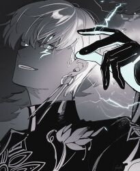 Rule 34 | 1boy, absurdres, blue eyes, dark-skinned male, dark skin, earrings, electricity, fate/grand order, fate (series), gloves, glowing, glowing eyes, highres, indra (fate), jewelry, male focus, ryousuke (tukr5384), scar, scar across eye, scar on face, signature, spot color