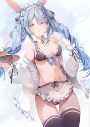 Rule 34 | 1girl, animal ears, apron, bare shoulders, bikini, black bikini, black thighhighs, blue hair, braid, breasts, cowboy shot, detached collar, flower, frilled apron, frilled bikini, frills, hair flower, hair ornament, highres, holding, holding tray, hololive, holonatsu paradise, jacket, long hair, long sleeves, looking at viewer, maid, maid bikini, maid headdress, medium breasts, navel, off shoulder, open clothes, rabbit ears, rabbit girl, solo, stomach, swimsuit, thick eyebrows, thigh gap, thighhighs, tray, twin braids, twintails, unconventional maid, usada pekora (holonatsu paradise), velibebe, virtual youtuber, waist apron, white apron, white jacket