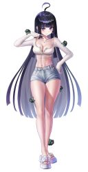 1girl abs absurdres ahoge black_hair blue_eyes blush breasts cleavage denim denim_shorts eruthu fang full_body highres indie_virtual_youtuber looking_at_viewer mang_nae_(vtuber) medium_breasts navel shorts skin_fang solo standing white_background