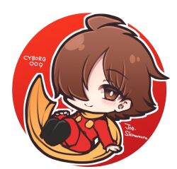 1boy ahoge black_boots boots brown_eyes brown_hair chibi coat cyborg cyborg_009 full_body hair_over_face hair_over_one_eye looking_at_viewer pants red_circle red_coat red_pants scarf shimamura_joe shiohachi short_hair straight_hair yellow_scarf