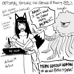 Rule 34 | 1girl, absurdres, animal ears, artist self-insert, bare shoulders, bb (baalbuddy), breasts, cleavage, creature, english text, fox ears, fox girl, fox tail, highres, looking at another, original, speech bubble, stylus, tablet pc, tail, tentacles