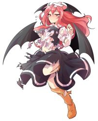 1girl alphes_(style) bandage_on_hair bat_wings black_dress black_vest black_wings blush boots breasts closed_mouth collared_shirt commentary_request crying crying_with_eyes_open dairi dress full_body head_wings koakuma large_variant_set leg_up long_hair long_sleeves looking_at_viewer medium_breasts midriff necktie orange_boots parody red_eyes red_hair red_necktie shirt solo style_parody tears torn_boots torn_clothes torn_dress torn_shirt torn_sleeves torn_vest touhou transparent_background variant_set vest white_shirt wings