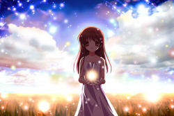Rule 34 | 00s, 1girl, bad id, bare shoulders, brown eyes, brown hair, chocolat., clannad, cloud, dress, female focus, girl from the illusionary world, grass, holding, long hair, looking at viewer, open mouth, sky, smile, solo, sparkle, white dress