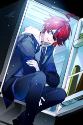 Rule 34 | absurdres, ahoge, black streaks, blue eyes, blue jacket, chinese commentary, cold, crossed ankles, dated, grey jacket, hand on own arm, highres, hood, hoodie, jacket, jacket over hoodie, male focus, multicolored hair, multicolored jacket, pants, red hair, refrigerator, short hair, streaked hair, sumino takumi, sweat, tansuan yun, the hundred line -last defense academy-, twitter username, two-tone jacket, white hoodie