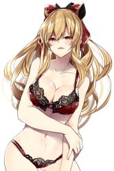 1girl 218 black_bow blonde_hair bow bra breasts cleavage contrapposto empty_eyes female_focus granblue_fantasy hair_bow lace lace-trimmed_bra lace-trimmed_panties lace_trim large_breasts lingerie long_hair navel orange_eyes panties ponytail red_bra red_eyes red_panties solo swimsuit underwear vira_(granblue_fantasy)