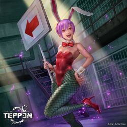 1girl animal_ears bow bowtie breasts capcom cleavage darkstalkers darkstalkers_3 demon_girl fake_animal_ears fake_tail flat_chest high_heels highres leotard lilith_(darkstalkers) long_ears monster_girl official_art open_mouth pantyhose pink_hair playboy_bunny_swimsuit prison rabbit_ears rabbit_tail red_eyes revealing_clothes short_hair short_tail sign small_breasts smile stairs suetomi_masanao tail teeth teppen