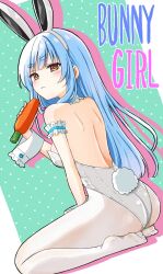 Rule 34 | 1girl, animal ears, ass, bare shoulders, blue hair, blush, breasts, carrot, closed mouth, commentary request, drop shadow, dutch angle, english text, fake animal ears, food, green background, grey hairband, hairband, highres, holding, holding food, hololive, kiritoma, leotard, looking at viewer, looking back, pantyhose, polka dot, polka dot background, rabbit-shaped pupils, rabbit ears, rabbit tail, red eyes, seiza, short eyebrows, sitting, small breasts, solo, strapless, strapless leotard, symbol-shaped pupils, tail, thick eyebrows, two-tone background, usada pekora, virtual youtuber, white background, white leotard, white pantyhose, wrist cuffs
