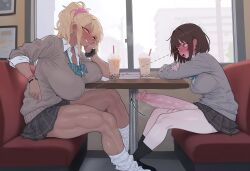 1futa 1girl absurdres ai-generated blush breast_press breasts earrings erection flappytsk futa_with_female futanari highres huge_breasts huge_penis huge_testicles jewelry long_hair looking_at_viewer medium_breasts medium_hair open_mouth original penis piercing ponytail school_uniform sitting smile testicles veins veiny_penis