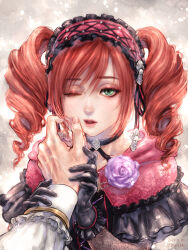 1boy 1girl amy_sorel artist_name black_choker black_dress capelet cheek_pinching choker dated dress drill_hair green_eyes grey_background headdress highres long_hair looking_at_viewer morito_leaf9 one_eye_closed out_of_frame parted_lips pinching pink_capelet portrait raphael_sorel red_hair solo_focus soul_calibur soulcalibur soulcalibur_vi twin_drills variant_set