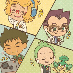 Rule 34 | 4boys, arm behind head, badge, black vest, blonde hair, blue shirt, bow, bowtie, bright pupils, brock (pokemon), brown-framed eyewear, brown hair, button badge, cerise (pokemon), chibi, cilan (pokemon), closed eyes, closed mouth, collared shirt, commentary request, dark-skinned male, dark skin, earbuds, earphones, gen 5 pokemon, glasses, green bow, green bowtie, green eyes, green hair, green shirt, headphones, jacket, lab coat, long sleeves, male focus, mojacookie, multiple boys, nintendo, official art, open clothes, open jacket, open mouth, open vest, pansage, pokemon, pokemon (anime), pokemon (creature), pokemon journeys, radio, radio antenna, red-framed eyewear, red hair, ren (pokemon), second-party source, shirt, short hair, smile, spiked hair, vest, white jacket, white pupils, white shirt, wireless earphones