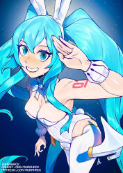Rule 34 | 1girl, animal ears, aqua eyes, aqua hair, arm tattoo, ass, aurahack, blush, bow, bowtie, breasts, cleavage, detached collar, fake animal ears, fake tail, fingernails, from above, hatsune miku, highres, leotard, long hair, looking at viewer, lowleg, lowleg pants, medium breasts, miku day, nail polish, pants, pants under leotard, playboy bunny, purple nails, rabbit ears, rabbit tail, salute, science fiction, skindentation, smile, solo, star (symbol), star symbol background, strapless, strapless leotard, tail, tattoo, twintails, very long hair, vocaloid, white bow, white bowtie, white leotard, white pants, wrist cuffs
