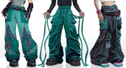 1girl alternate_costume baggy_pants belt bondage_pants boots crop_top fashion fingerless_gloves gloves hatsune_miku highres lace-up_pants midriff omlliv pants shirt vocaloid