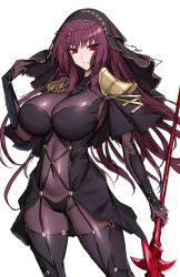 1girl absurdres armor bodysuit breasts fate/grand_order fate_(series) gae_bolg_(fate) highres large_breasts long_hair looking_at_viewer pauldrons polearm purple_bodysuit purple_hair red_eyes scathach_(fate) shiroshisu shoulder_armor solo spear veil weapon