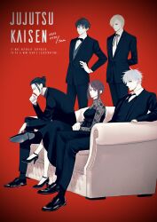 1girl 4boys black_dress black_shoes black_suit blonde_hair bow bowtie commentary_request copyright_name crossed_legs dress formal_clothes full_body getou_suguru gojou_satoru haibara_yu hand_on_own_hip high_heels highres ieiri_shoko jujutsu_kaisen looking_at_viewer miri_(xxxmirink) multiple_boys nanami_kento red_background shoes sidelocks sitting suit white_hair