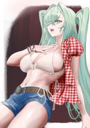 1girl belt checkered_clothes checkered_shirt cosplay cowboy_shot denim denim_shorts gingham_shirt green_hair hair_over_one_eye hand_on_own_chest highres kwon_eun-bi kwon_eun-bi_(cosplay) long_hair open_clothes open_shirt original salmon88 shirt shorts snake-chan_(salmon88) solo twintails very_long_hair yellow_eyes