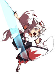 1girl animal_ears black_pants commentary_request detached_sleeves geta hat highres holding holding_shield holding_sword holding_weapon inubashiri_momiji inuno_rakugaki leaf_print maple_leaf_print pants print_shield red_eyes red_hat shield short_hair simple_background solo sword tabi tail tokin_hat touhou weapon white_background white_hair wide_sleeves wolf_ears wolf_girl wolf_tail