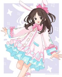 Rule 34 | 1girl, animal ears, blue skirt, bow, brown eyes, brown hair, dress, easter, hamayakikaijo, highres, idolmaster, idolmaster cinderella girls, idolmaster cinderella girls u149, legs, long hair, long sleeves, looking at viewer, pink dress, purple background, rabbit ears, red bow, shoes, skirt, tachibana arisu, white background, white shoes