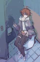 1boy ahoge bathroom black_hair black_pants blue_eyes bowl chopsticks collarbone drawstring full_body hair_between_eyes highres holding holding_bowl holding_chopsticks hood hoodie jakcet looking_at_viewer male_focus messy_hair multicolored_eyes multicolored_hair pants red_eyes red_hair shadow shoes sitting solo solo_focus streaked_hair sumino_takumi the_hundred_line_-last_defense_academy- toilet white_hoodie white_shoes