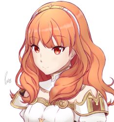 Rule 34 | 1girl, arcedo, armor, breastplate, breasts, celica (fire emblem), choker, cleavage, earrings, fire emblem, fire emblem echoes: shadows of valentia, headshot, highres, jewelry, light smile, long hair, medium breasts, nintendo, orange eyes, orange hair, princess, red eyes, red hair, solo, tiara, white armor
