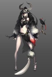 1girl anklet bad_id bad_pixiv_id bird black_eyes breasts cleavage detached_sleeves facial_mark feathers female_focus gio_(maroon0924) hair_over_one_eye jewelry long_hair midriff multicolored_hair navel necklace original pale_skin polearm raven sandals simple_background skirt skull small_breasts solo spear weapon