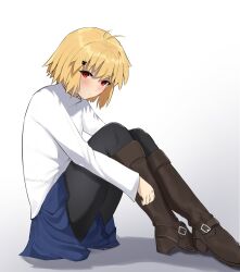 1girl absurdres antenna_hair arcueid_brunestud black_pantyhose blonde_hair blue_skirt boots brown_boots closed_mouth commentary coti_neko english_commentary hair_ornament highres long_sleeves looking_at_viewer miniskirt pantyhose red_eyes short_hair sitting skirt solo sweater tsukihime tsukihime_(remake) turtleneck turtleneck_sweater