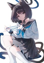 1girl absurdres animal_ear_fluff animal_ears black_eyes black_hair black_ribbon black_sailor_collar black_skirt black_tail blue_archive blue_halo blue_tail cat&#039;s_cradle cat_ears cat_girl cat_tail closed_mouth commentary_request halo highres inori_mai kikyou_(blue_archive) kneehighs long_sleeves looking_at_viewer multiple_tails neck_ribbon pleated_skirt ribbon sailor_collar short_hair simple_background skirt socks solo tail two_tails white_background white_socks
