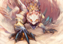 Rule 34 | artist name, blurry, blurry background, claws, colored sclera, endivinity, looking at viewer, monster, monster hunter (series), no humans, open mouth, outdoors, red eyes, shara ishvalda, yellow sclera