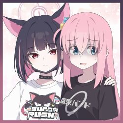 Rule 34 | 2girls, absurdres, animal ears, animal print, black choker, black hair, black mask, black shirt, blue archive, blue eyes, blush, bocchi the rock!, breasts, cat ears, cat print, choker, closed mouth, clothes writing, colored inner hair, commentary request, crossover, cube hair ornament, expressionless, extra ears, gotoh hitori, hair behind ear, hair between eyes, hair ornament, hairclip, halo, hand on another&#039;s shoulder, highres, kazusa (band) (blue archive), kazusa (blue archive), korean commentary, long hair, looking at viewer, looking to the side, mask, mask lift, medium hair, mouth mask, multicolored hair, multiple girls, one side up, open mouth, pink background, pink eyes, pink hair, pink halo, shaded face, shirt, streaked hair, sweatdrop, t-shirt, two-tone hair, vector (dmlddmld00), white shirt