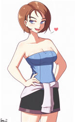 Rule 34 | 1girl, black skirt, blue eyes, blue tube top, breasts, brown hair, cleavage, clothes around waist, commentary, english commentary, hands on own hips, heart, jeff miga, jill valentine, miniskirt, resident evil, resident evil 3: nemesis, short hair, signature, simple background, skirt, smile, strapless, sweater, sweater around waist, tube top, white background