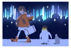 1girl animal aurora bird boots braid briefcase brown_hair hair_between_eyes haruta_(hrtco) holding jacket kantai_collection long_hair long_sleeves night orange_boots orange_eyes orange_jacket outdoors pantyhose penguin rigging signature single_braid skirt smile souya_(kancolle) souya_agb_(kancolle) sparkle walking white_pantyhose white_skirt