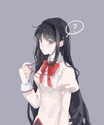 1girl ? absurdres akemi_homura black_hair black_hairband black_skirt bow bowtie chinese_commentary closed_mouth collared_shirt commentary_request cowboy_shot expressionless eyelashes glasses grey_background hairband highres holding holding_removed_eyewear juliet_sleeves lace-trimmed_sleeves lace_trim light_blush lips long_hair long_sleeves mahou_shoujo_madoka_magica mahou_shoujo_madoka_magica_(anime) mitakihara_school_uniform nostrils pink_lips pocket pointy_nose puffy_sleeves purple_eyes red-framed_eyewear red_bow red_bowtie school_uniform shirt sidelocks simple_background skirt solo spoken_question_mark standing straight_hair unworn_eyewear very_long_hair white_sleeve_cuffs yellow_shirt yuan_a_zi_a