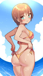 Rule 34 | 1girl, aqua eyes, ass, ass focus, bare shoulders, bikini, blush, breasts, brown hair, cougar (cougar1404), embarrassed, from behind, huge ass, looking back, looking down, medium breasts, original, short hair, sideboob, solo, sweat, swimsuit, tan, thong, thong bikini, water, wedgie, wet, wet hair
