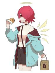 1girl arknights bag black_choker black_shorts blue_jacket chewing choker closed_mouth commentary_request cropped_legs eating exusiai_(arknights) food food_on_face hair_over_one_eye halo highres holding holding_bag holding_food jacket long_sleeves off_shoulder one_eye_covered orange_eyes paper_bag pink_hair shirt short_hair shorts smile solo split_mouth standing t-shirt tabletennis229 traditional_halo white_shirt yellow_halo