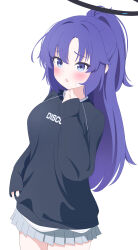 1girl absurdres alternate_costume alternate_hairstyle black_sweater blue_archive blush clothes_writing fortysansan grey_skirt halo highres long_hair long_sleeves mechanical_halo ponytail purple_eyes purple_hair skirt sweater tagme white_background yuuka_(blue_archive)
