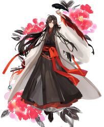 1boy ahoge arm_up bird bird_on_hand black_boots black_hair black_hanfu black_robe boots chinese_clothes closed_mouth coat crow daenarys dizi flower flute full_body hair_between_eyes hair_down hair_ribbon half_updo hanfu holding holding_flute holding_instrument instrument long_hair long_sleeves looking_at_viewer male_focus modao_zushi official_alternate_costume official_alternate_hairstyle red_eyes red_flower red_ribbon red_sash ribbon robe sash simple_background smile solo tassel transverse_flute very_long_hair wei_wuxian wei_wuxian_(yiling_laozu) white_background white_coat wide_sleeves