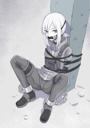 Rule 34 | 1girl, ankle cuffs, bit gag, bound, chain, character request, copyright request, cuffs, gag, gagged, grey eyes, grey jacket, grey pants, highres, jacket, low ponytail, pale skin, pants, ponytail, pouch, raftetram, rope, shackles, sitting, solo, sweatdrop, tied up (nonsexual), white hair